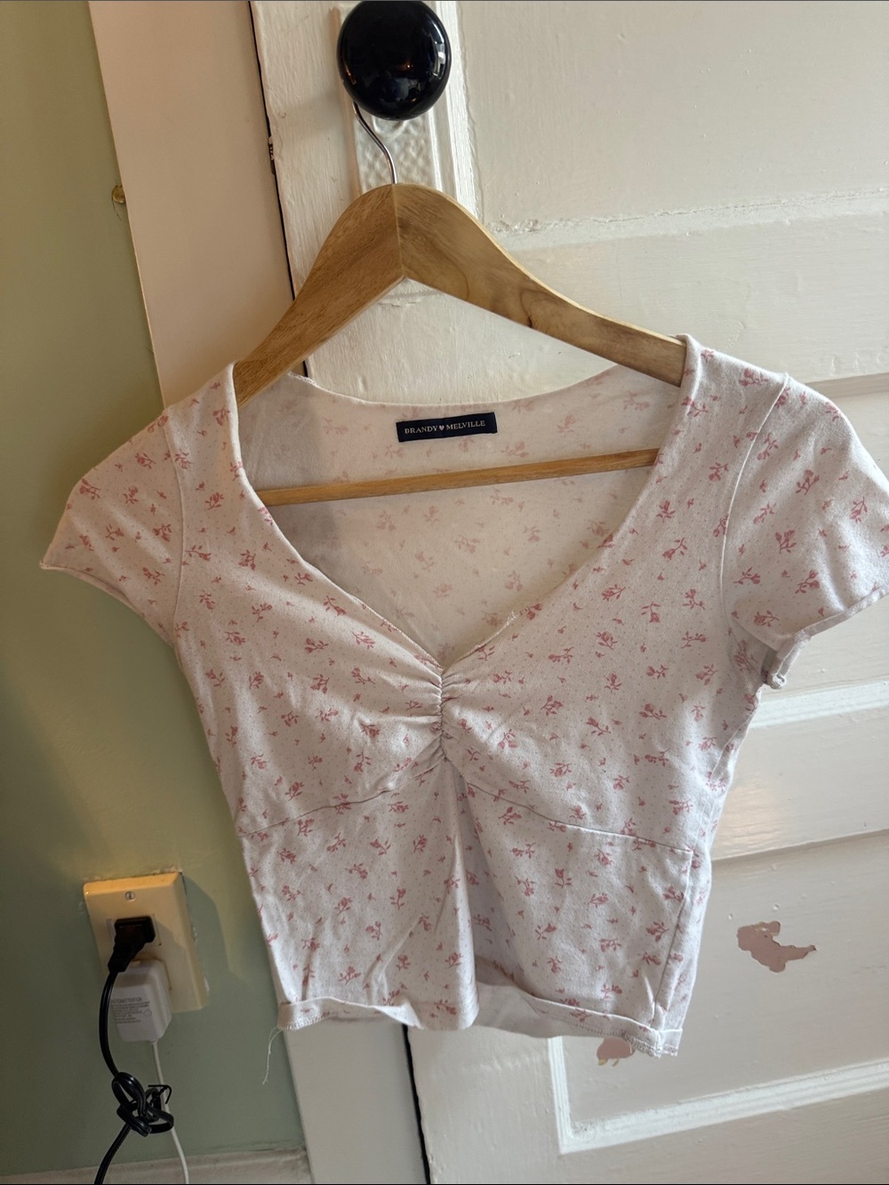 Brandy Melville White Top with Pink Floral Print Ruched V-Neck